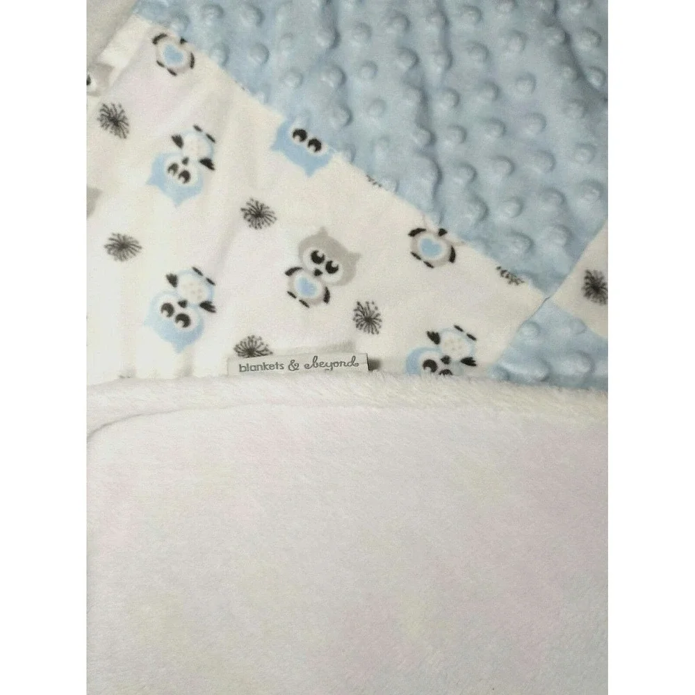 Blankets & Beyond Blue OWL Patchwork White Blanket Lovey Raised Minky Dots Baby